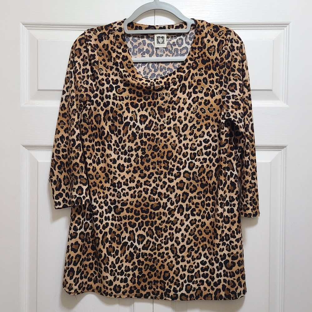 Anne Klein Leopard print 3/4 sleeve‎ scoop neck top sz M